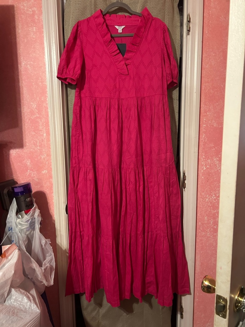 crown & ivy Fiery Pink Ruffled V-Neck Tiered Maxi Dress
